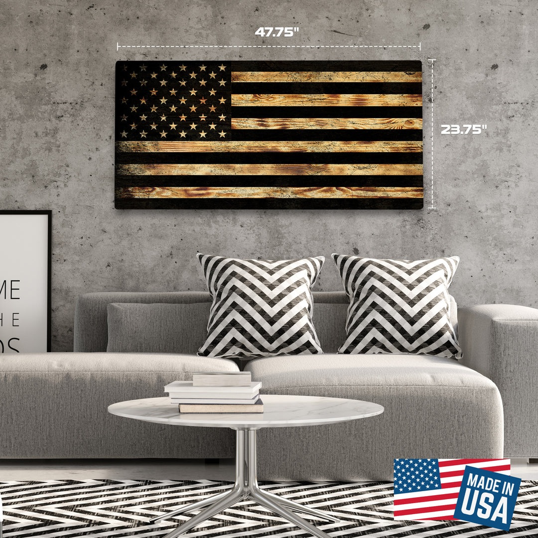 Burnt Wood USA Flag - Premium Wood American Flag Wall Art – UV Printed on Baltic Birch Plywood (47.75" x 23.75") – Easy-Mount | Made in USA