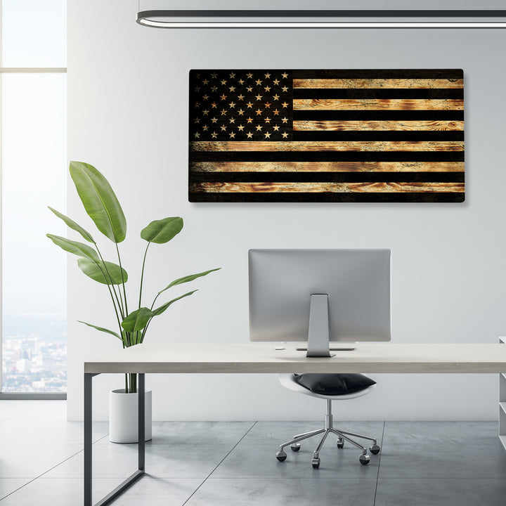 Burnt Wood USA Flag - Premium Wood American Flag Wall Art – UV Printed on Baltic Birch Plywood (47.75" x 23.75") – Easy-Mount | Made in USA
